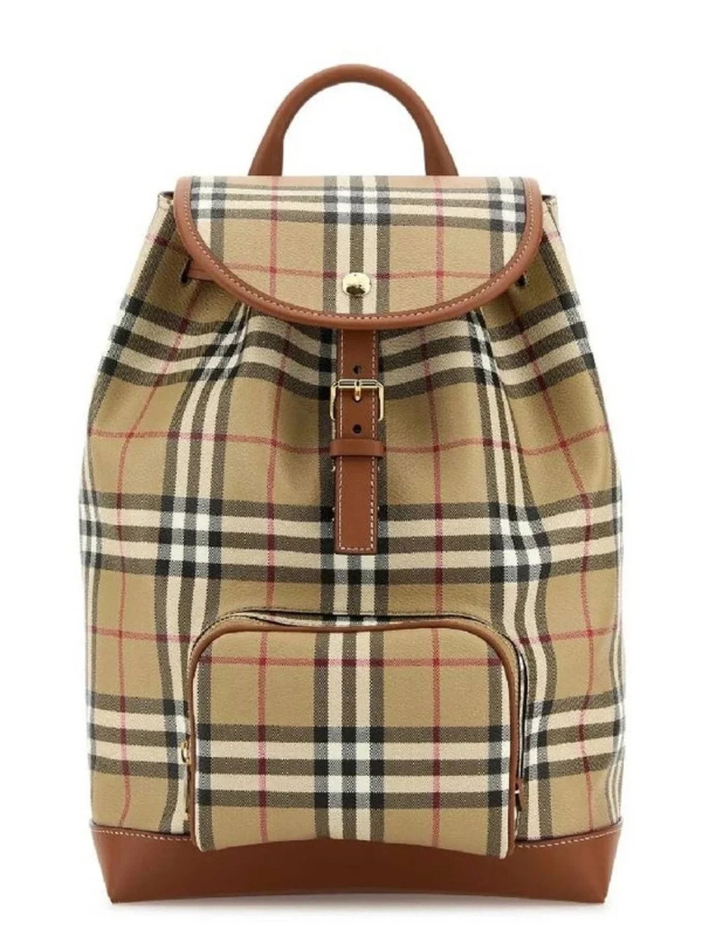 Burberry Beige Checked Canvas Backpack with Brown Leather Trim
